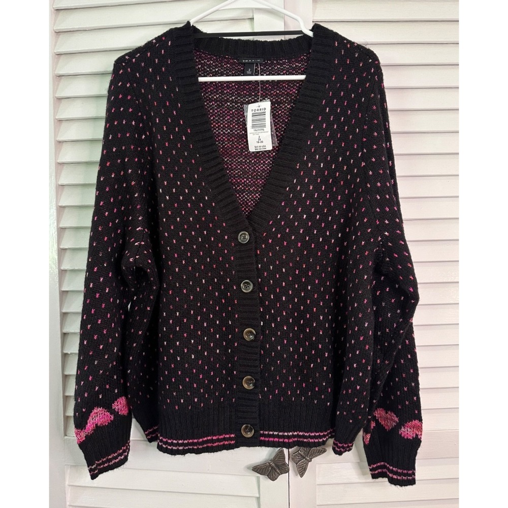 NWT Torrid Size 2 18/20 Black Pink V-Neck Cardigan Hearts Valentine's Day